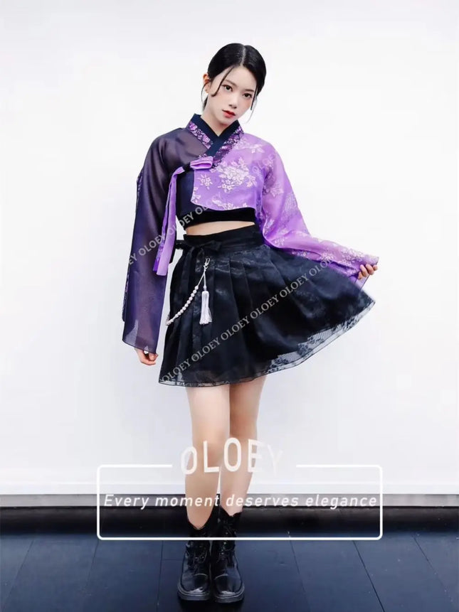 OLOEY Vintage Schwarz Lila Hanbok 3-teiliges koreanisches Performance-Kleid Langarmjacke Spaghettiträger-Top Minirock Maßgefertigt