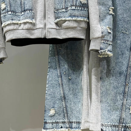 Fashion Casual Men's Denim Patchwork Jacket Set Loose Zipper Jackets Coat High Waist Wide Leg Pants Two-Piece Set Mens Autumn