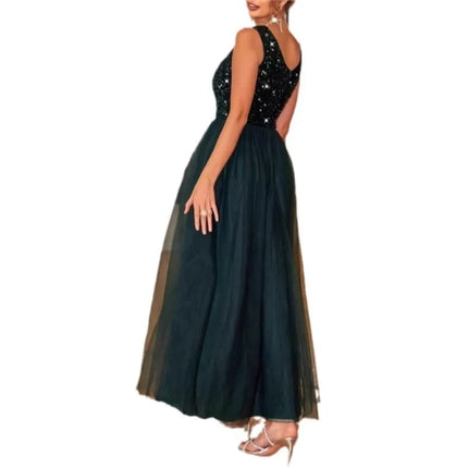 Women's Summer New Dress V-neck Sleeveless Solid Color Dress Fashion Sexy Glitter Mesh Stitching Swing Dress