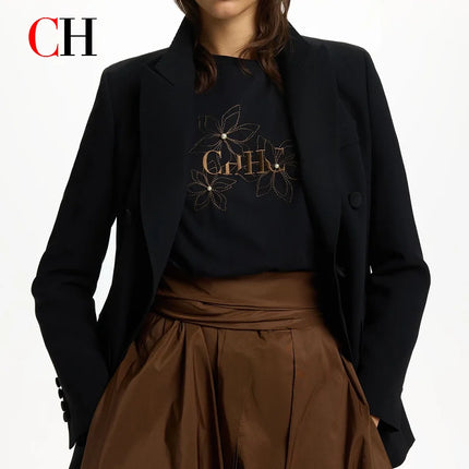 CH Crew Neck T Shirt Floral Embroidery Pearl Decor Short Sleeve Casual Daily Wear Basic Tops