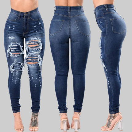 HOLE Denim Women 2026 High Waist Ripped Jeans for Women Skinny Black Pockets Jeans Woman Elastic Slim Jean Female Femme Pants