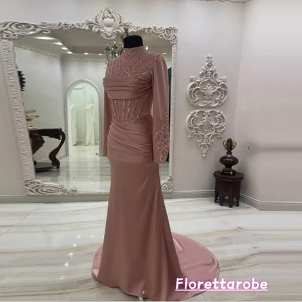 Florettarobe Sequins High Collar Evening Dresses Full Sleeves Satin Prom Gowns for Women Mermaid  Party Dress Long Customized