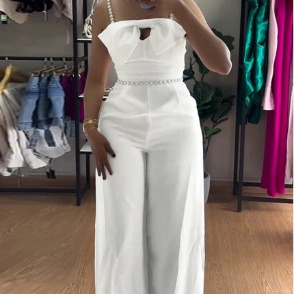 Jumpsuit Women 2025 Spring New Bandeau Beaded Spaghetti Strap Bowknot Design Ruched Slim Fit Jumpsuit Elegant Wide-Leg Overall