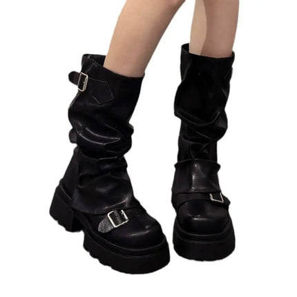 New Design Women Biker Boots Platform Belt Buckle Women's Knee High Booties Harajuku Gladiator Y2K Punk Mid Pipe Booties Girls