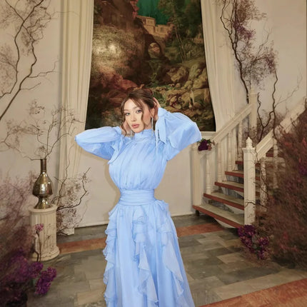 Spring Summer New Fashion Women's Light Blue Solid Color Casual Trendy Long Lantern Sleeve Floor Length Ceremonial Dress Female