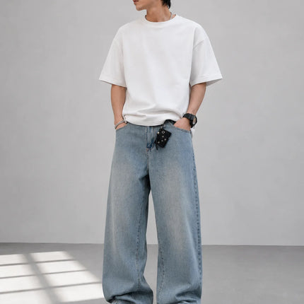UP.THE Men Light Washed Baggy Wide Leg Jeans, Y2K Oversized Loose Plain Denim Pants, Minimal Basic Streetwear Trousers for Daily Casual Outfits