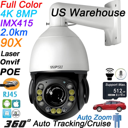 Metal Onvif Laser Infrared Auto Tracking Cruise 8MP 4K 54X Optical Zoom 360° Rotation Audio POE PTZ Speed Dome IP Camera