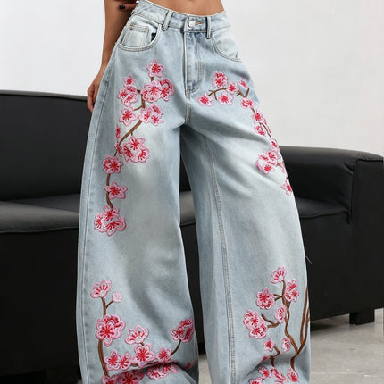 American high waisted wide leg jeans light blue washed pink floral embroidery with loose hanging edges