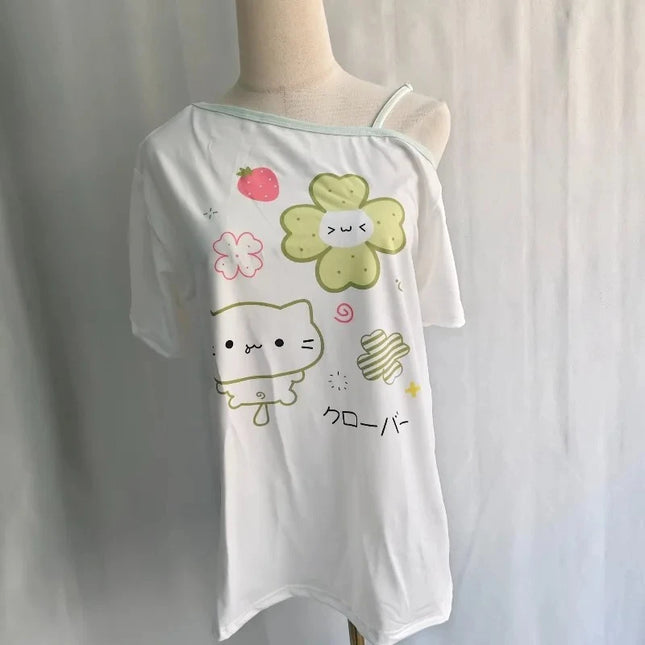 Ezgaga Harajuku T-Shirts Damen Cartoon Sweet Diagonalkragen Kurzarm Carmen Off-Shoulder Lustige Tops Weiblich Y2k Damen T-Shirts