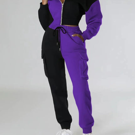 Women Loose Autumn Winter Two Pieces Suit Matching Sets Hoodie Tracksuit Blocked Zipper Short Outerwear Drawstring Cargo Pants