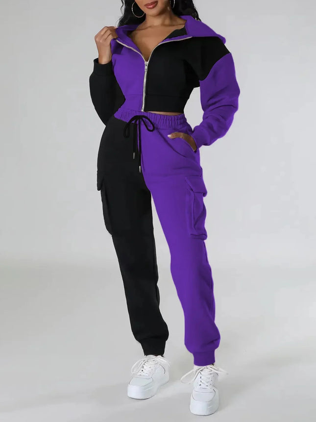 Damen lockerer Herbst Winter Zweiteiler Anzug Passende Sets Hoodie Trainingsanzug Gestreifte Reißverschluss Kurze Oberbekleidung Kordelzug Cargo-Hose