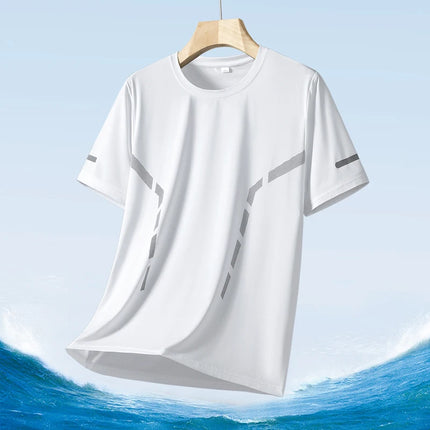 Summer Men's Silk Ice Round Collar T-shirt, Simple Running Fitness Suit, Breathable Thin T-shirt, Quick Dry T-shirt, Summer Tees