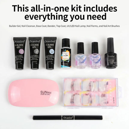 Ovanlee 13pcs gift box packaging,Builder Gel, Nail Cleanser, Base Coat, Bonder, Top Coat, UV/LED Nail Lamp, Nail Forms