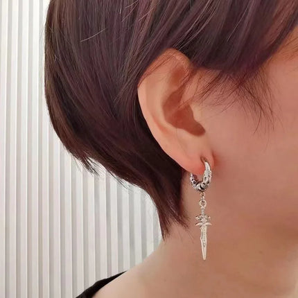 2pcs Stainless Steel Dragon Coil Sword Pendant Drop Hoop Earrings Unique Punk Hip Hop Style for Men Women Daily Wear Jewelry