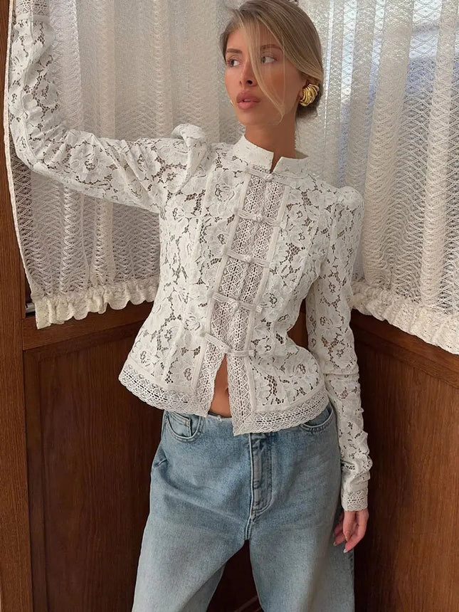 Summer Lace Printed Shirts Tops Hollow Out Commute Vintage See-Through Blouse Lace Shrug Shirts