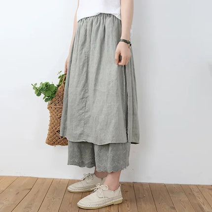 100% Cotton Linen Mori Girl Floral Embroidery Hem Wide Leg Pants Skirt Aesthetic Fairy Grunge Medieval Loose Distressed Trousers