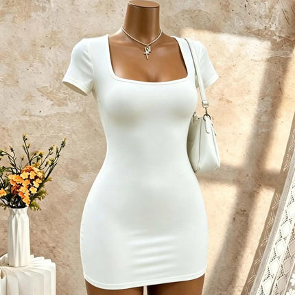 Square Neck Short Sleeve Bodycon Mini Dress Solid Black Slim Fit Pencil Club Party Night Out Tight Short