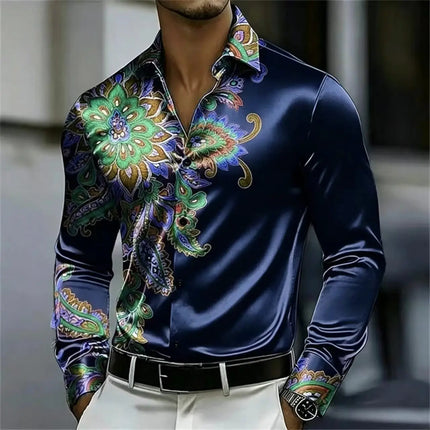 Men's Satin Paisley Printed Shirt Luxury Glossy Long Sleeve Casual Button Down Dress Shirts Nightclub Party Wear