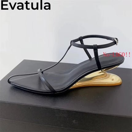 2025 Summer Strange Wedge Heel Flip Flops Slippers Women Fashion Leather Clear Mid Heel Rome Sandals Casual Beach Mules Femme