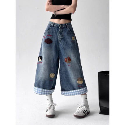 Summer Women Japanese Jorts Kawaii Embroidery Jean Shorts  Cute Core Denim Capri Pants Harajuku Wide Fit Jeans