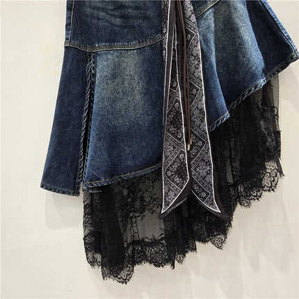 Denim Skirt Women Asymmetrical Skirts Patchwork Lace Vintage High Waist Belt Washed Distressed Streetwear Spring Summer 2026