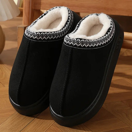 Black platform house slippers with light stitched trim