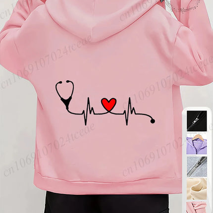 Women's Autumn Winter Hoodies Stethoscope EKG printed zipper Hooded Jackets Nursing Zipper Pocket Sweatshirt Nurse Life Outwear
