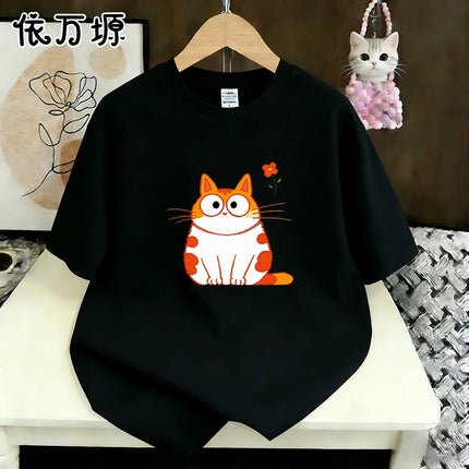 Aesthetic Round Face Chubby Ginger Tabby Cat Mini Flower Graphic Oversized Cotton T Shirt For Women Soft Lazy Daily Street Tee