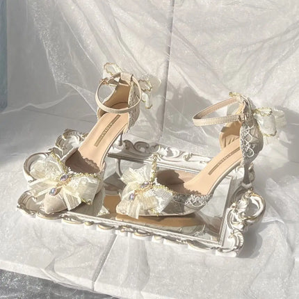 lolita Women heels Wedding designer shoes White shoes cute shoesBlue Pointed-Toe Slip-On Bow Handmade High Heels