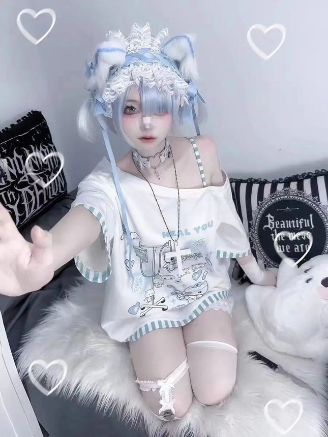 Japanische Harajuku Süße Grafik T-Shirts Damen Katzen-Print Sommer Schulterfreies Top Kurzarm Oversize Tees Locker Lässiges T-Shirt