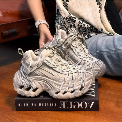 2026 Retro Lace-Up Distressed Platform Chunky Dad Sneakers for Women,Fashionable Versatile Height-Increasing Casual Sports Shoes