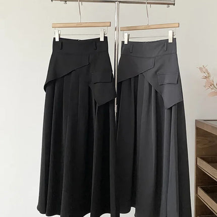 Frence Women Skirts Patchwork Irregular Design Dark Gray A-line Elegant High Waist Long Skirt Summer Fashion Young Office Lady