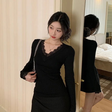 French Lace Spliced Long Sleeve V Neck Shirt Slim Fit Casual Blouse Basic Autumn Top Regular Shoulder