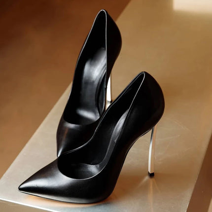 Rose Matte Leather High Heels Stilettos Metallic Heels Women Sexy Pointy Toe 10CM Blade Heels Pumps Slip On Party Ball Shoes