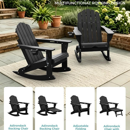 All Weather HDPE Adirondack Rocking Chairs Set Of 2, Foldable Patio Rocker Chairs With Retractable Ottoman And Cup Holder, Outdoor Lounge Seating For Porch Backyard Deck Garden Poolside, Black