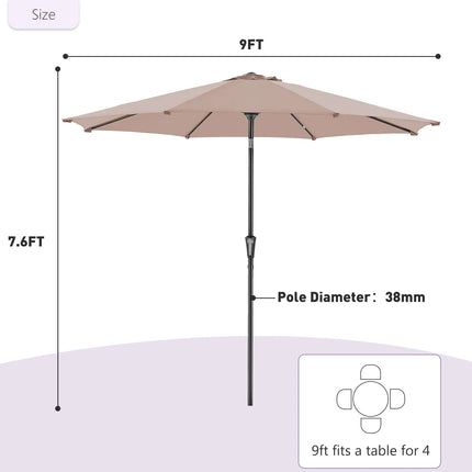 JHK 9ft Patio Umbrella with Tilt and Crank Button 8 Sturdy Ribs Waterproof Patio Table Umbrella for Outdoor Poolside Beach