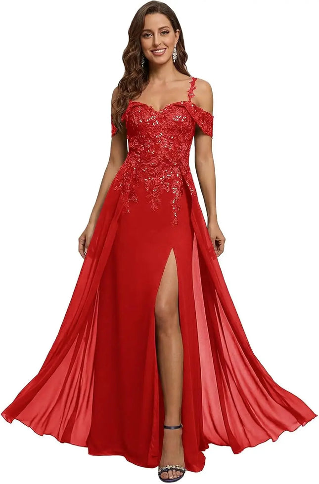 Pailletten-Spitzen-Mutter-der-Braut-Kleider für Damen mit Schlitz Spaghettiträgern Langes Formelles Abendkleid