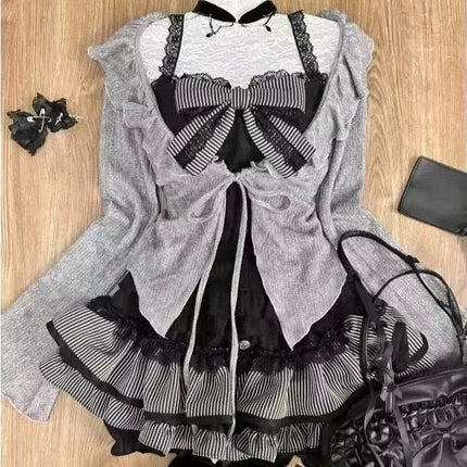 Japanese Cute Slim Women Party Dress Ruffled Lace Chic Bow Long Sleeve Kawaii Sweet Style Set Lightweight Trendy Female Design