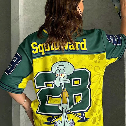 Cartoon SpongeBob Print T-shirts For Women Summer V-Neck Patchwork Short Sleeve Sports Football Jersey Y2K Loose Oversized Tops