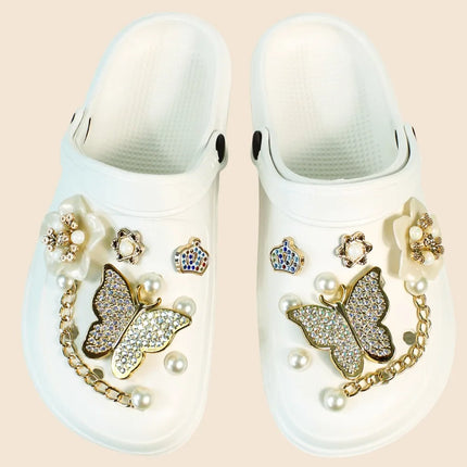 Women Summer DIY Clogs Fashion Bear Pearl Decor Beach Slides Cave Hole Garden Shoes Casual Flats Female (Independently Packaged)