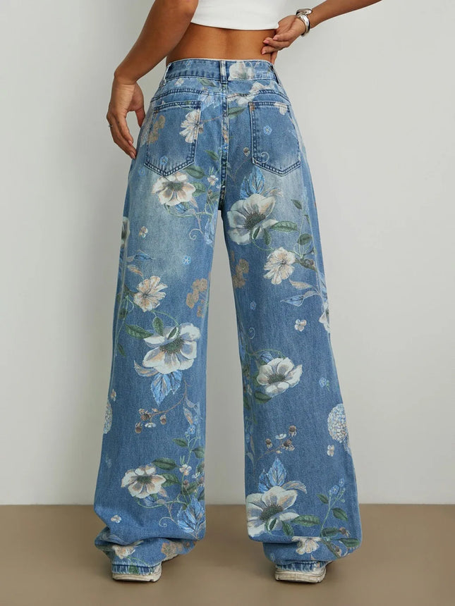 Vintage Floral Print Wide Leg Jeans for Women High Waist Loose Straight Trousers Retro Floral Print Floor-Length Denim Pants Str