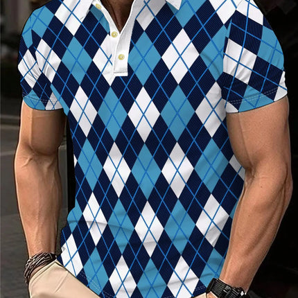 The 2026 Summer New men's short-sleeved POLO Shirt Features A Casual Fashionable And Comfortable 3D Checkered Pattern Print