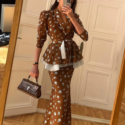 Polka Dot Skirt 2 Piece Set Women Casual High Collar Tie Full Sleeves Elastic High Waist Long Skirt Suit Lady Daily Outfit New