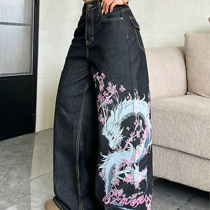 American High Street Vintage Dragon Totem Print Women's Pants, Trendy And Fashionable Black Versatile Wide-Leg Jeans For Women