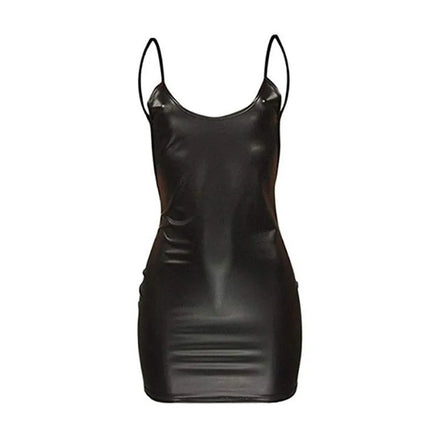 Sexy Faux Leather Dress Backless Club Party Short Dress Solid Black Wet Look Latex Bodycon Push Up Bra Mini