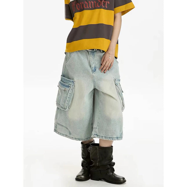 YIBASHU Women Cargo Jeans Vintage Harajuku Y2k Baggy Calf Length Jeans Pants Japanese 2000s Style Oversize Grunge Denim Shorts