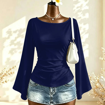 Boat Neck Flare Long Sleeve Side Ruched Fitted Casual Blouse Slim Fit Basic Top