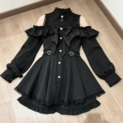 Japanese Cute Slim Women Party Dress Ruffled Lace Chic Bow Long Sleeve Kawaii Sweet Style Set Lightweight Trendy Female Design