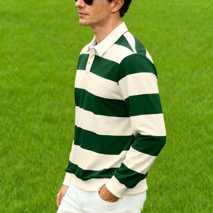 Men's striped rugby polo long-sleeved collar shirt casual school outdoor sports casual 3d printing spring, autumn and winter