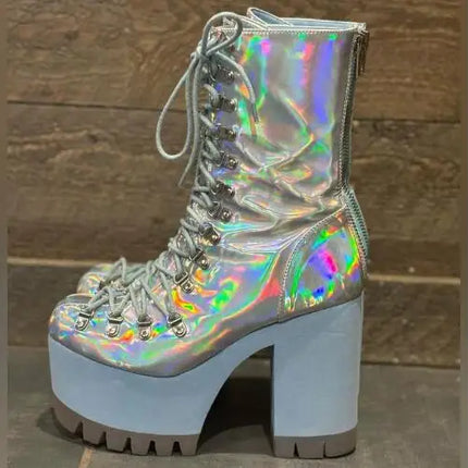 Size 47 Women Sliver Laser Shiny Patent Leather Cross Tied Lace Up Round Toe Platform Chunky Heels Ankle Boots Punk Short Boots